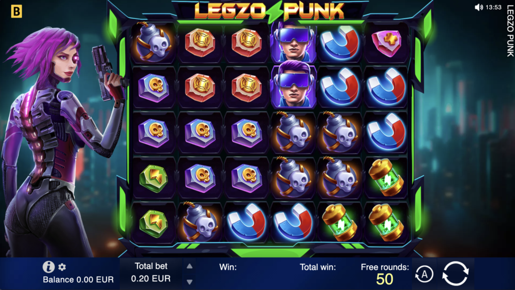 A screenshot of Legzo Punk slot in the Legzo Casino (50 Free Spins bonus)