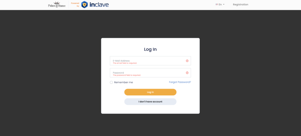 Screenshot of INCLAVE registration to the Palace of Chance Casino