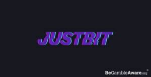 Justbit casino logo featured on a black background with begambleaware.org logo