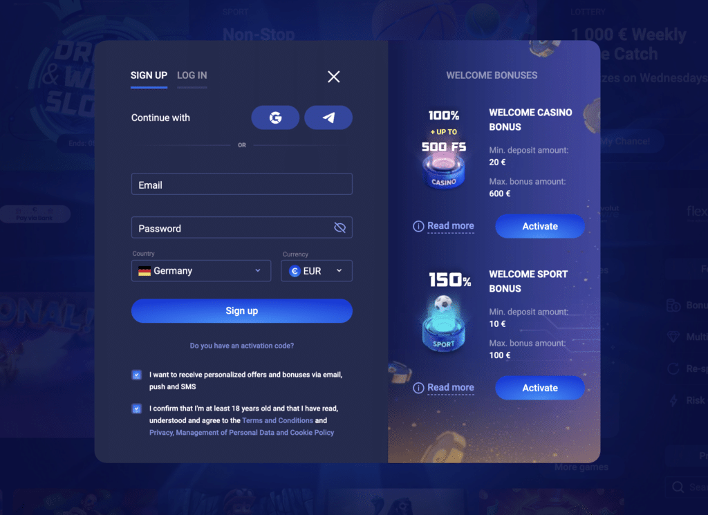 Legzo Casino Welcome Page popup with registration fields and bonus activation buttons