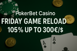 PokerBet Casino Friday Game Reload Post Bonus Thumbnail - green, gold coins, cards, text.