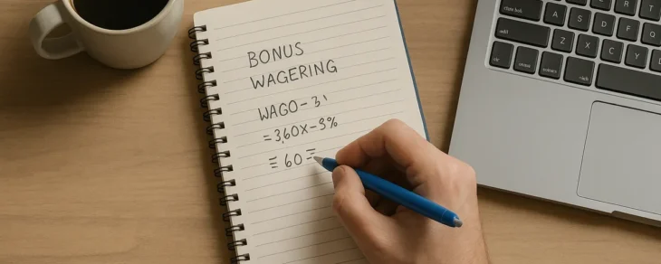 A hand working through a bonus wagering calculation in a notebook beside a laptop