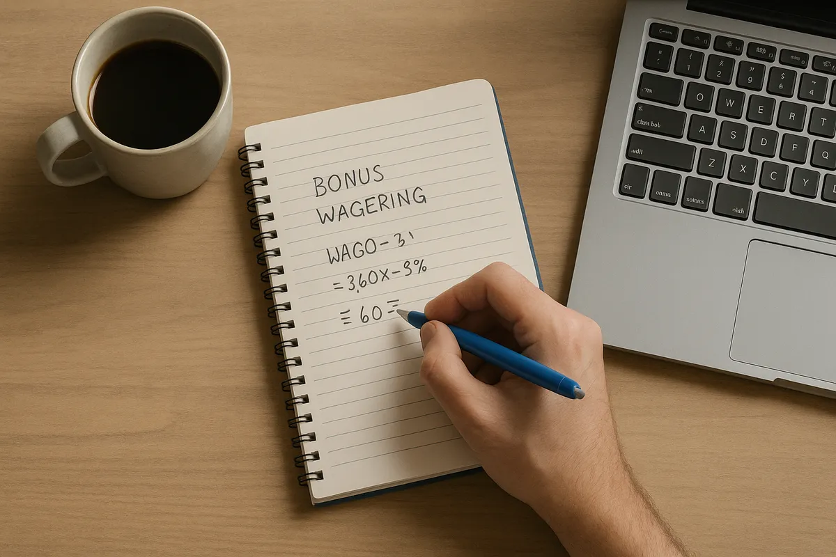 A hand working through a bonus wagering calculation in a notebook beside a laptop